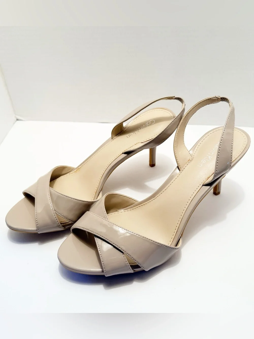 Calvin Klein Glossy Taupe Patent Slingback Heels